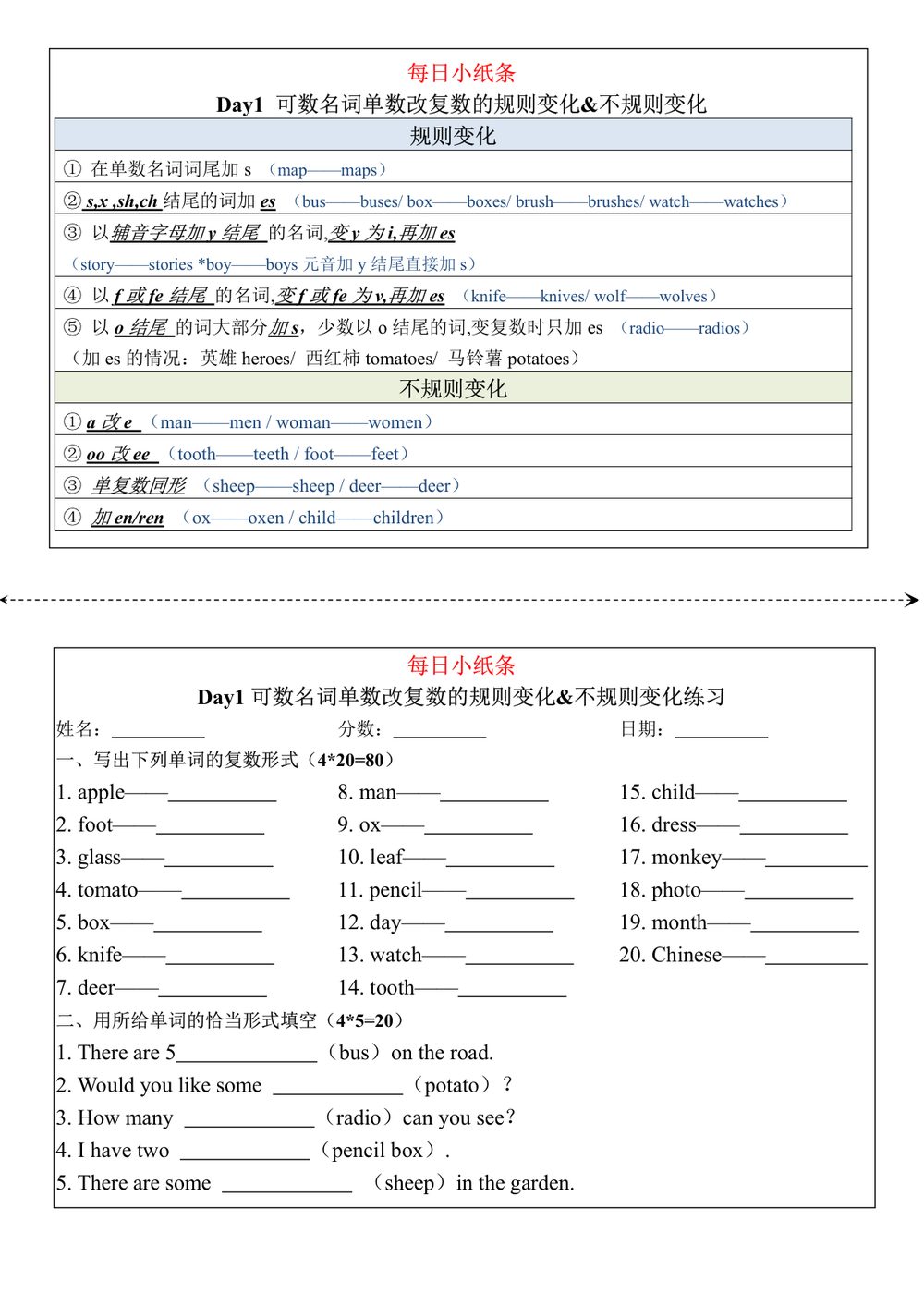 英语语法每日小纸条专项练习学习资料